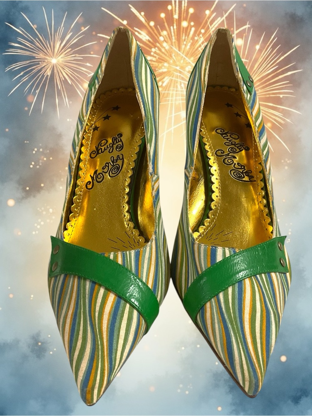 Naughty Monkey Multi-Stripe Pointed Toe Pumps w/Green Strap Size 9M